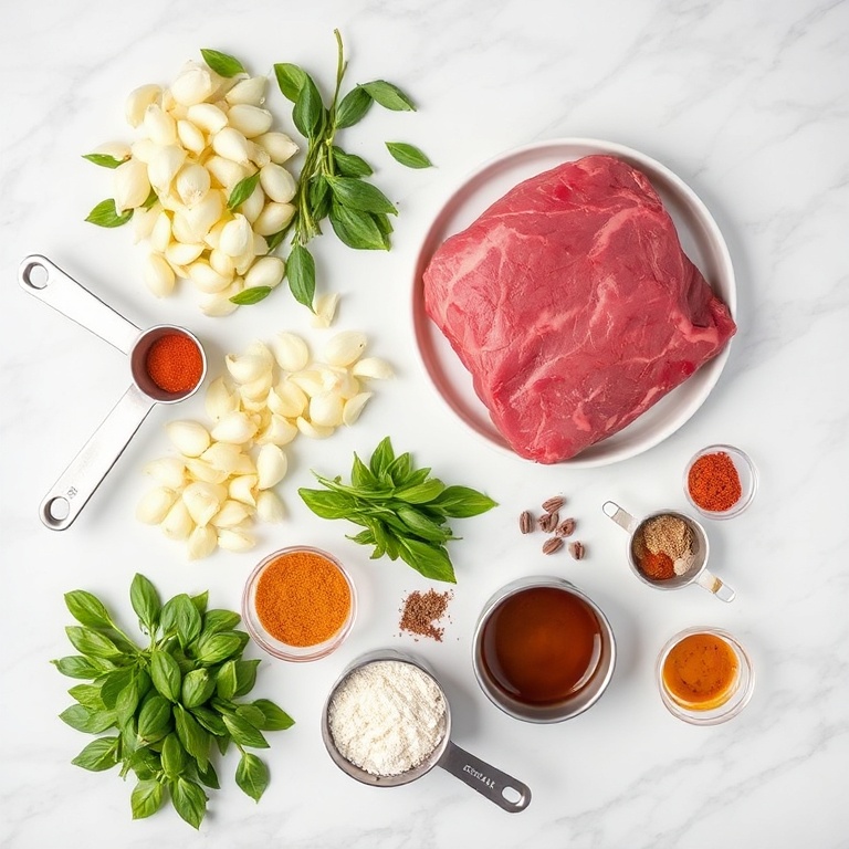 Raw ingredients for Authentic Pot Birria Tacos including beef, onions, and spices