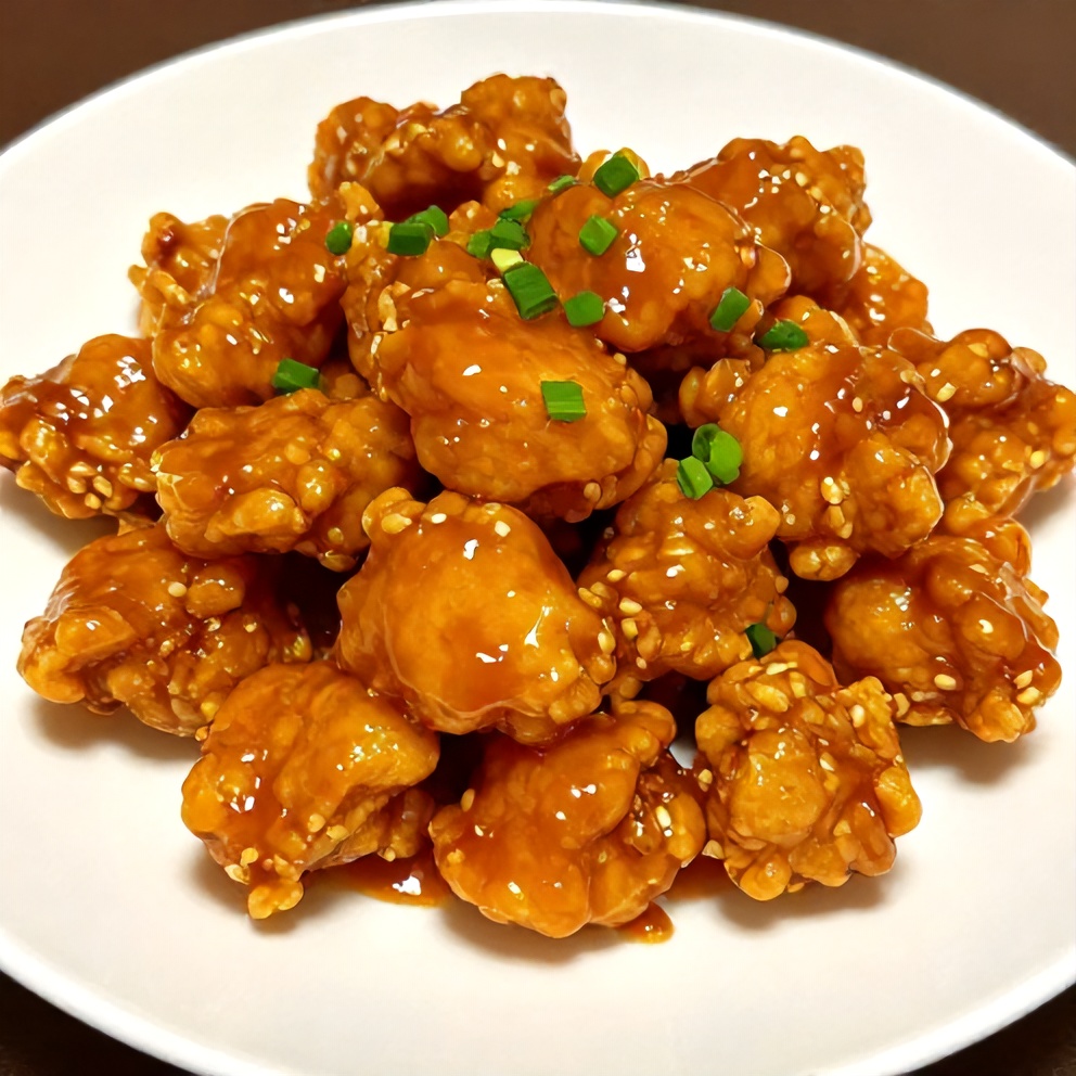 Plated orange chicken with green onions