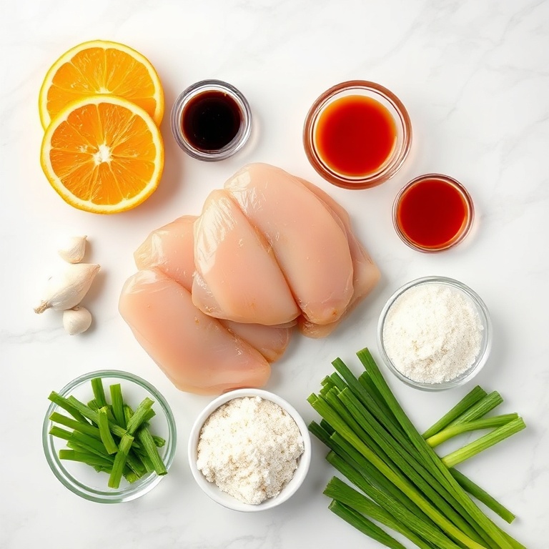 Raw ingredients for orange chicken: chicken, orange juice, soy sauce, garlic, ginger, cornstarch, sugar, and green onions