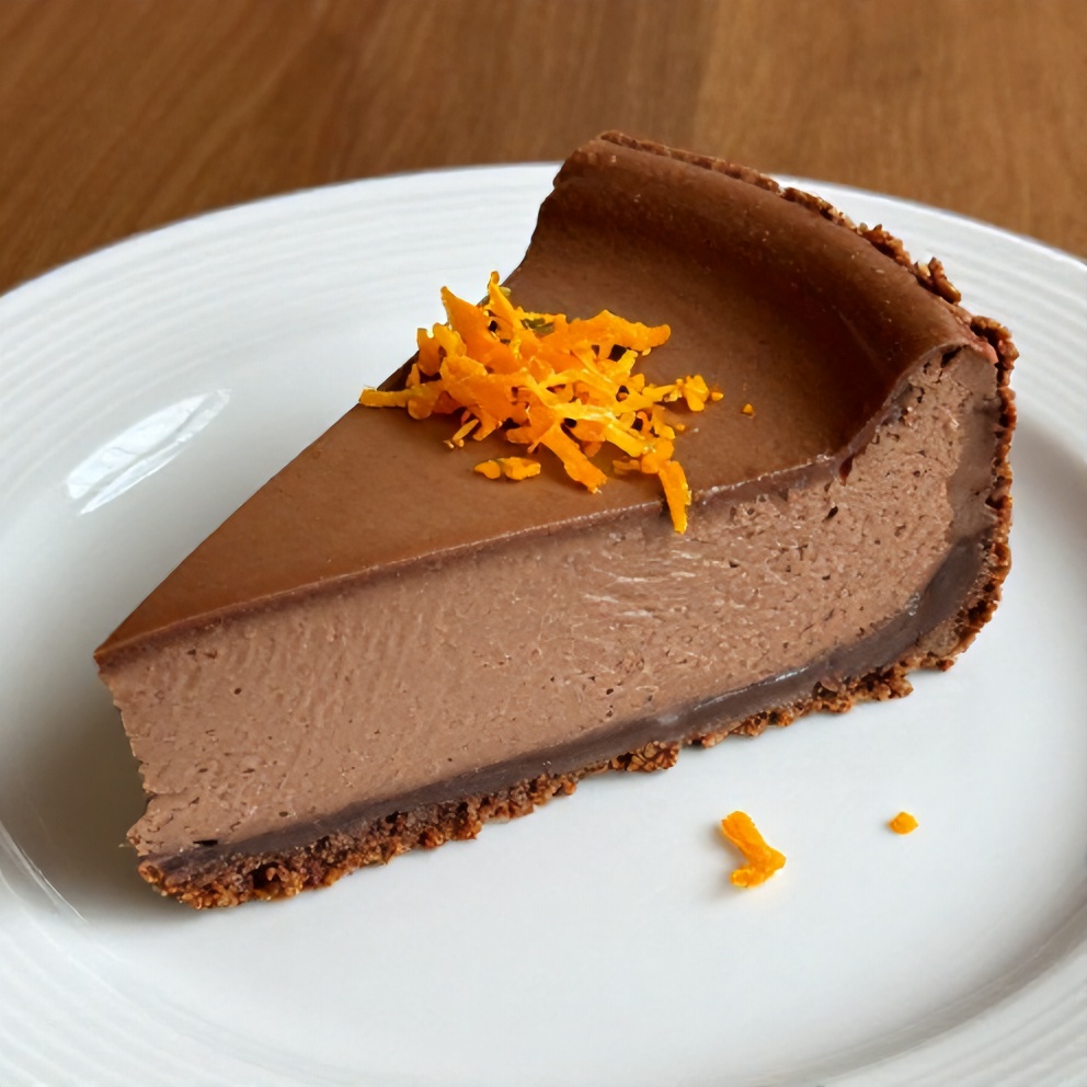 One perfect plated serving of chocolate orange cheesecake on a white plate. Garnished with fresh orange zest. Close crop. Warm side lighting showing the creamy texture. Photorealistic food photography, no text, no watermark.