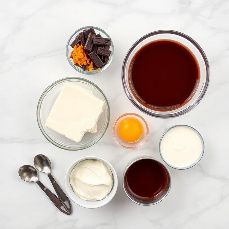Overhead flat lay of the raw ingredients for chocolate orange cheesecake. Dark chocolate, orange zest, cream cheese, heavy cream, and eggs are prominent. Prep bowls and measuring spoons visible. White marble surface. Bright even light. Photorealistic overhead food photography, no text, no watermark.