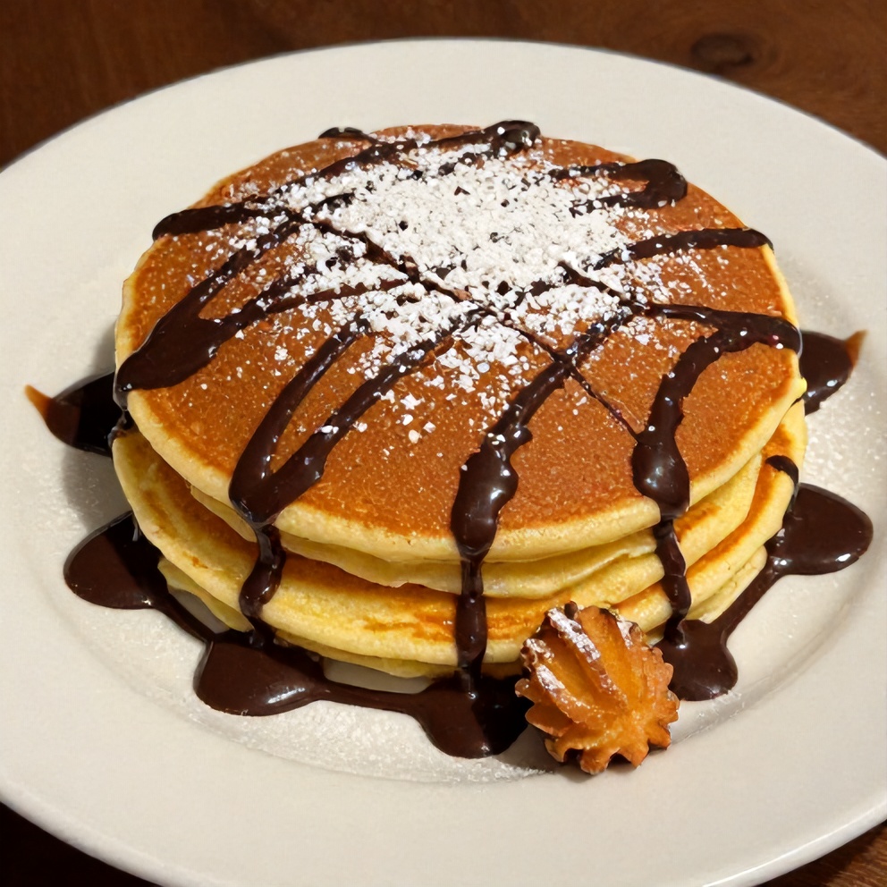Plated Cinnamon Sugar Churro Pancakes with chocolate sauce