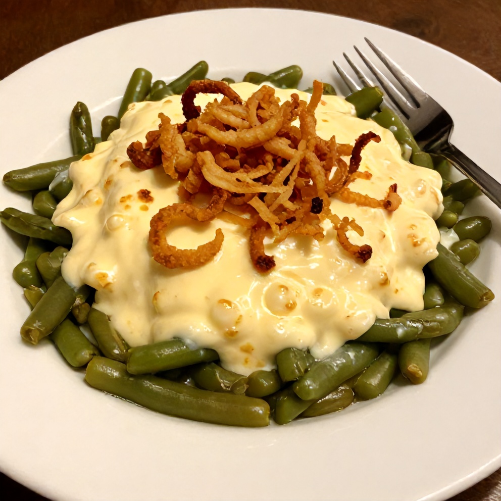 Plated serving of creamy classic green bean casserole