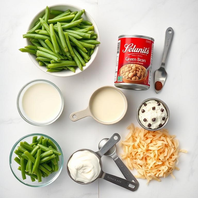 Raw ingredients for classic green bean casserole on a marble surface
