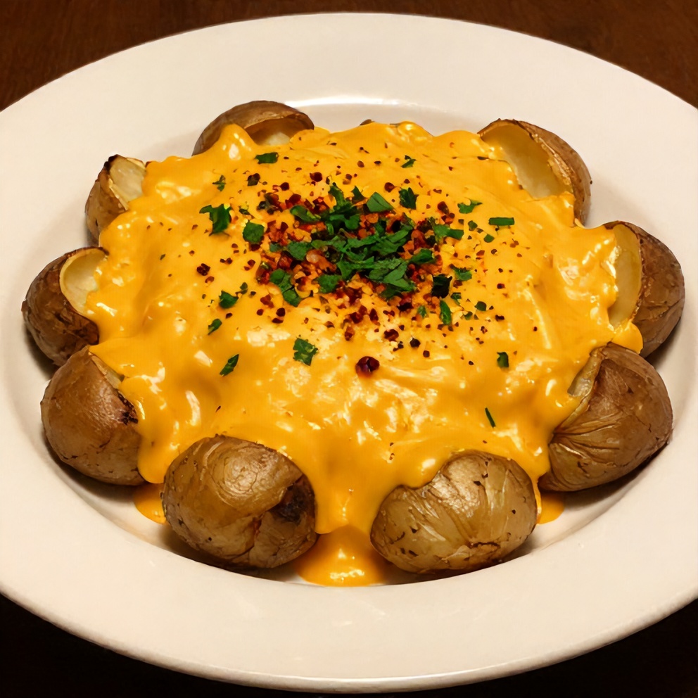 Plated serving of classic scalloped potatoes with cheddar cheese
