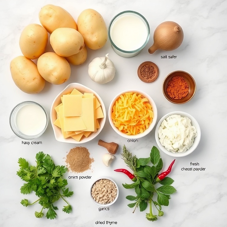Raw ingredients for classic scalloped potatoes with cheddar cheese
