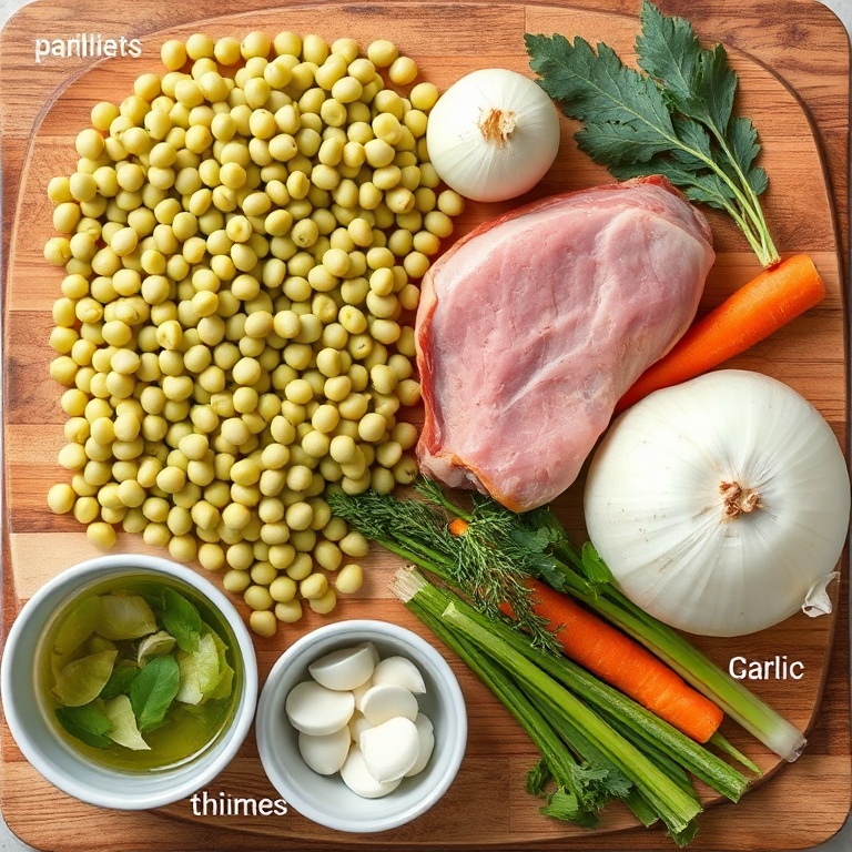 Split Pea Soup Ingredients on a Wooden Board