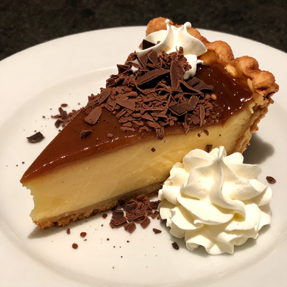 Boston Cream Pie slice on a white plate