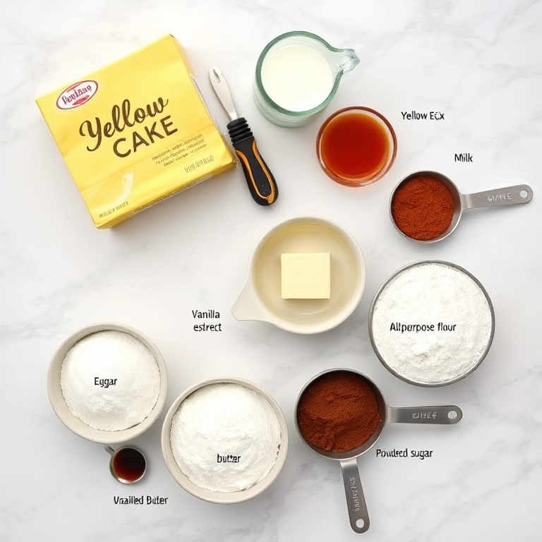 Boston Cream Pie ingredients flat lay on white marble surface