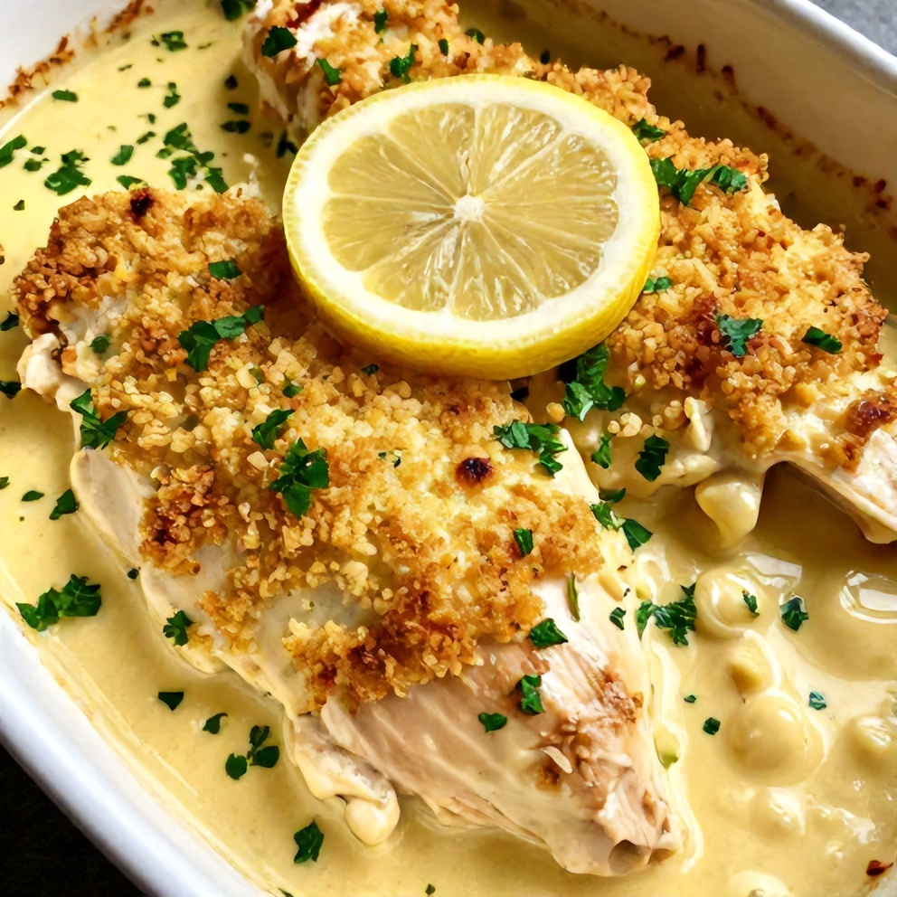 Plated serving of creamy baked lemon butter chicken with lemon slice and fresh parsley