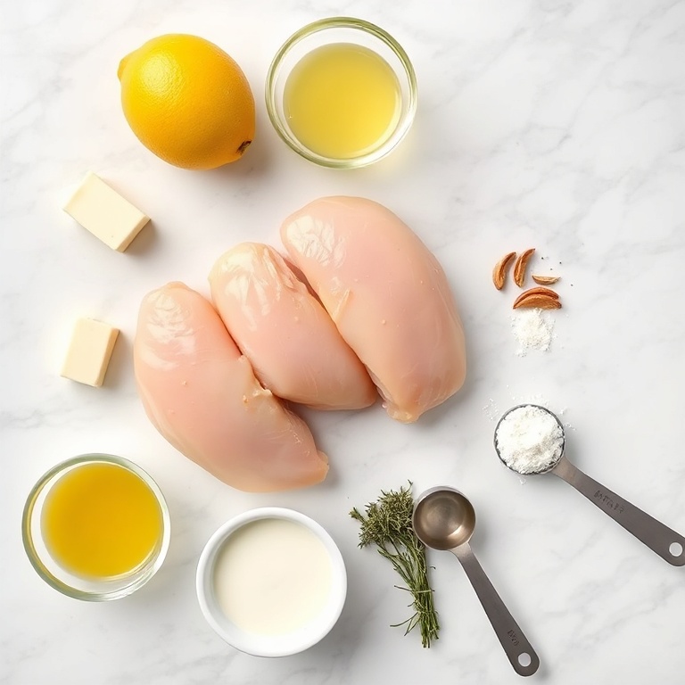Raw ingredients for creamy baked lemon butter chicken: chicken breasts, lemon, butter, garlic, heavy cream, etc.