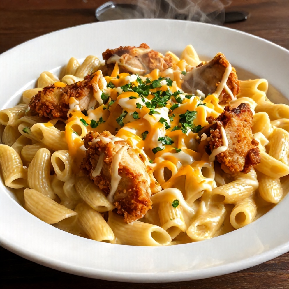 Plated Cajun Chicken Pasta: Creamy, golden, steaming pasta with crispy chicken, melted cheese, garnished with parsley