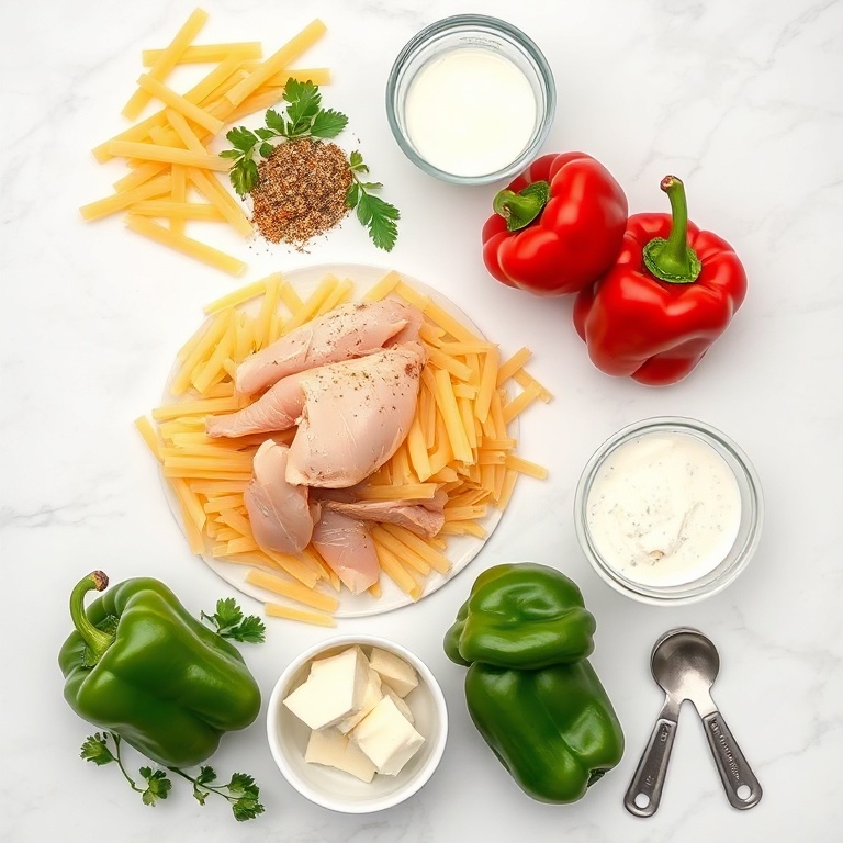 Raw ingredients for Cajun Chicken Pasta: chicken, pasta, bell peppers, Cajun seasoning, heavy cream, garlic, onions, butter, cheese