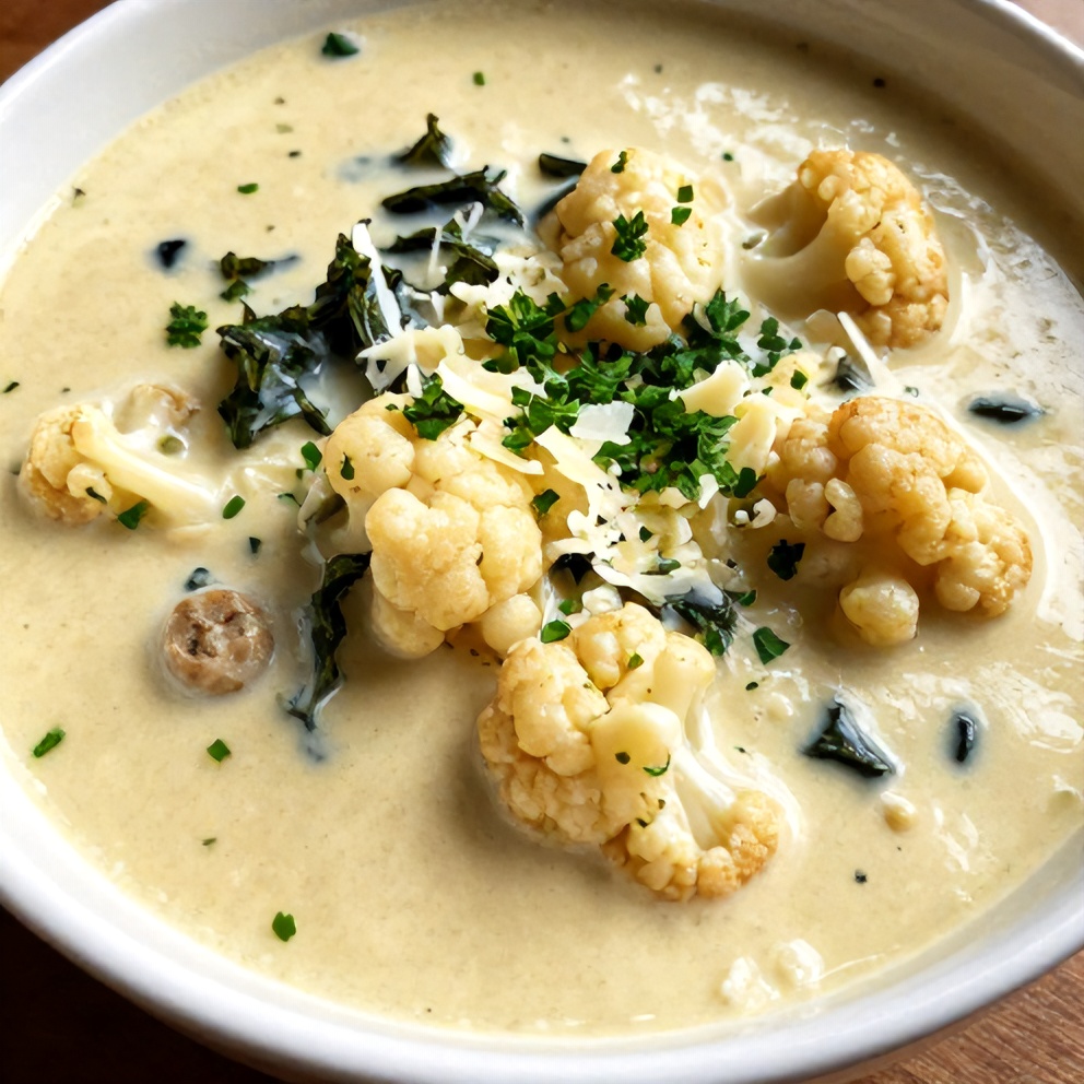 Plated serving of Creamy Cauliflower Sausage Kale Soup with a sprinkle of parsley, in a deep bowl