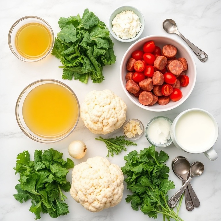 Raw ingredients for Cauliflower Sausage Kale Soup in a flat lay, including kale, cauliflower, and sausage