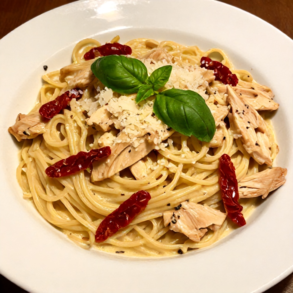 Plated Creamy Chicken Pasta with Sun-Dried Tomatoes