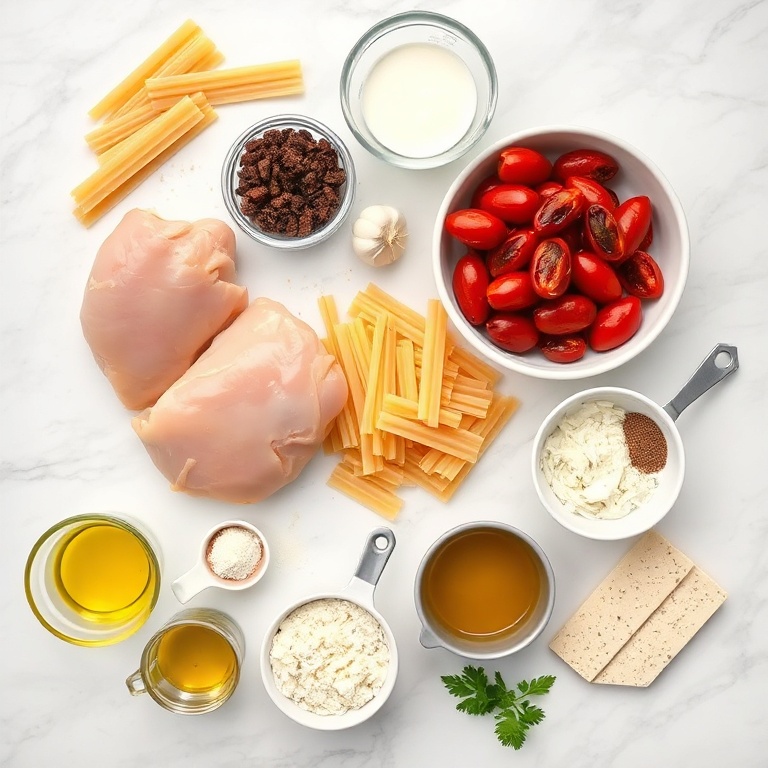 Raw Ingredients for Creamy Chicken Pasta with Sun-Dried Tomatoes