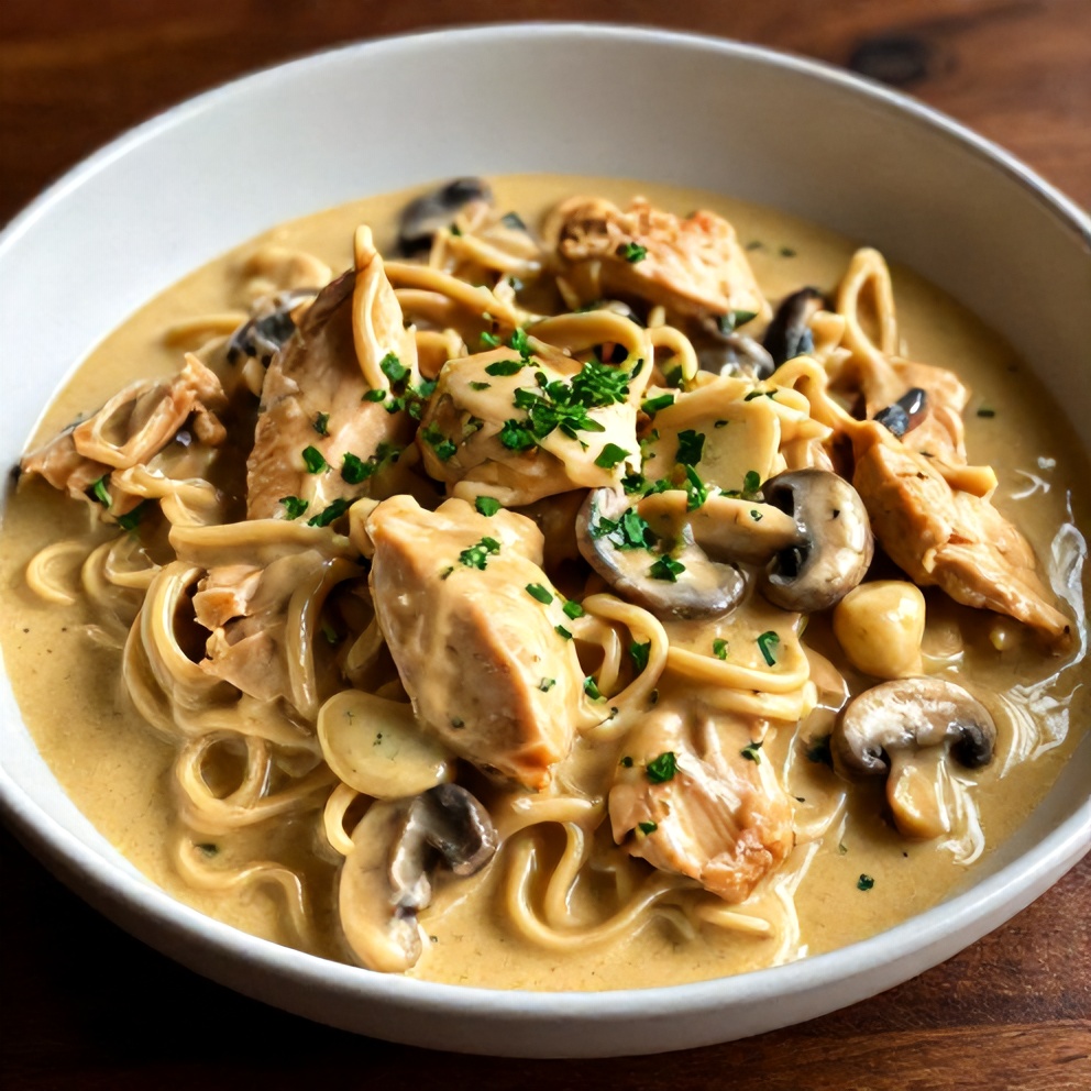 Plated serving of creamy chicken stroganoff