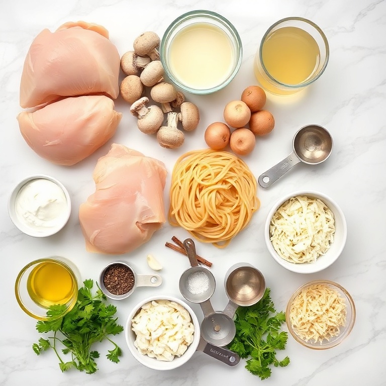 Raw ingredients for creamy chicken stroganoff