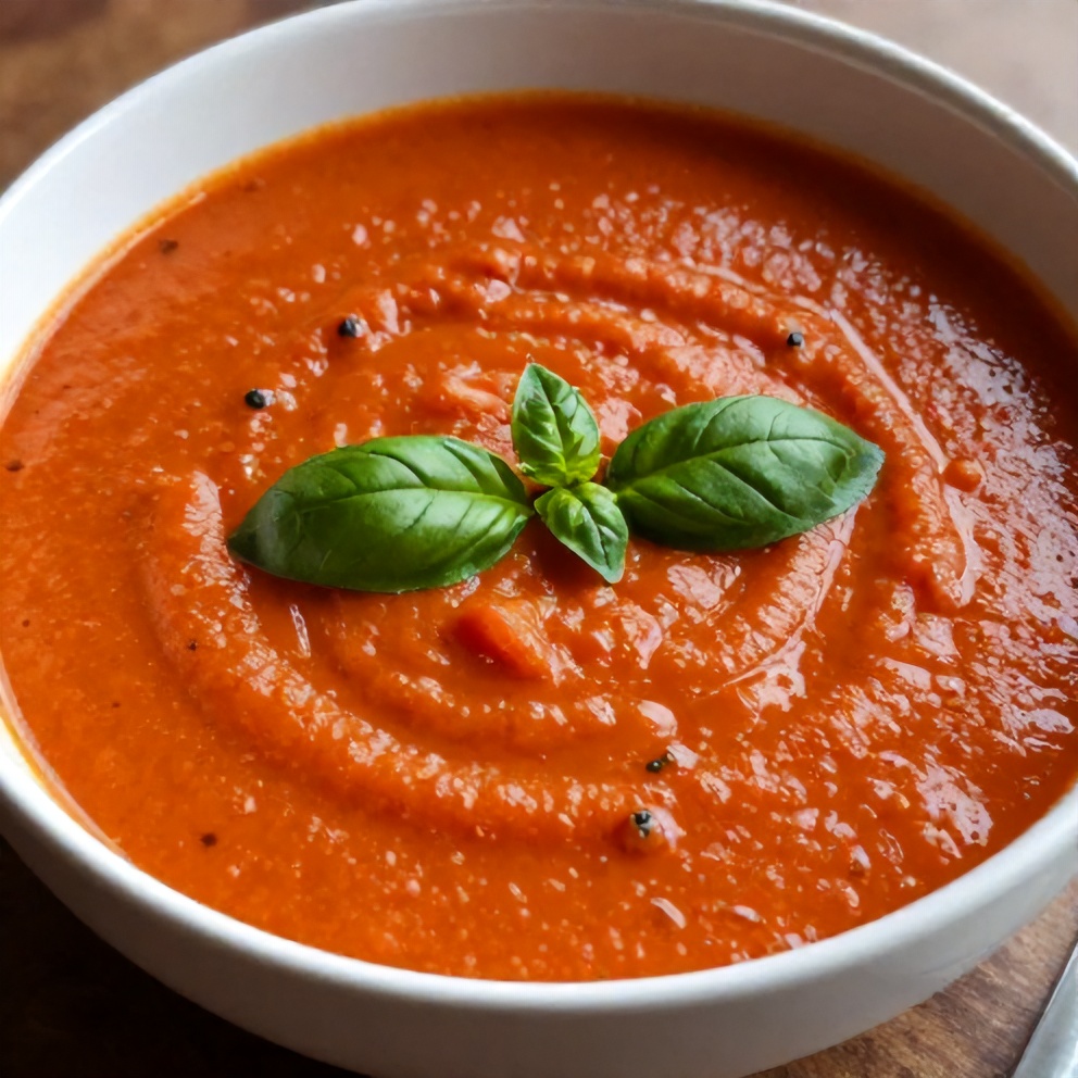 One perfect serving of Creamy Chilled Roasted Tomato Basil Soup plated in a shallow bowl, garnished with fresh basil, with a close crop and warm side lighting.