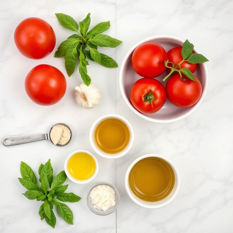 Raw ingredients for Chilled Tomato Basil Soup arranged in an overhead flat lay on a white marble surface, including tomatoes, garlic, basil, and olive oil, with measuring spoons and bowls visible.