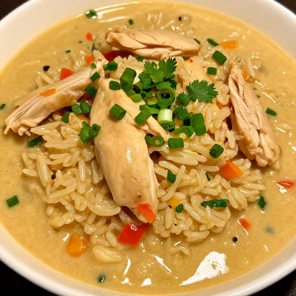 Plated Creamy Coconut Chicken Brothy Rice with garnish