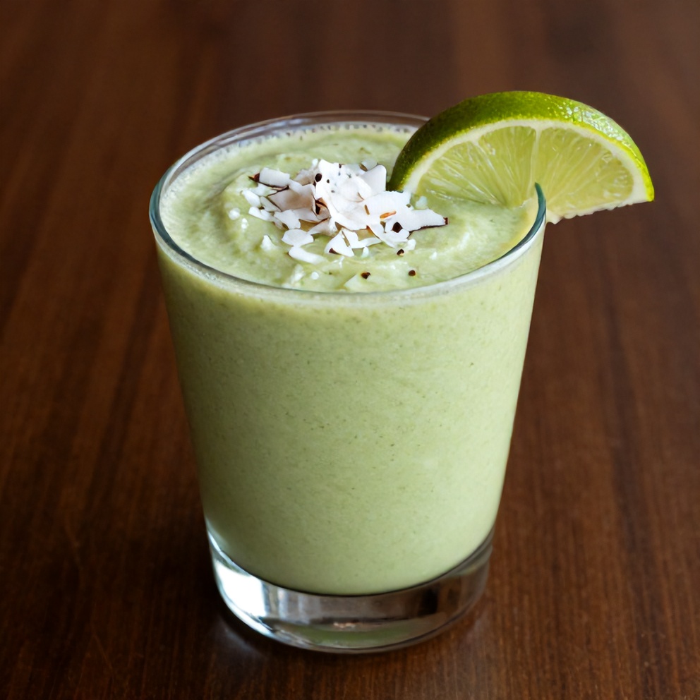Creamy Coconut Key Lime Pie Smoothie served in a glass with a lime wedge and a sprinkle of coconut flakes