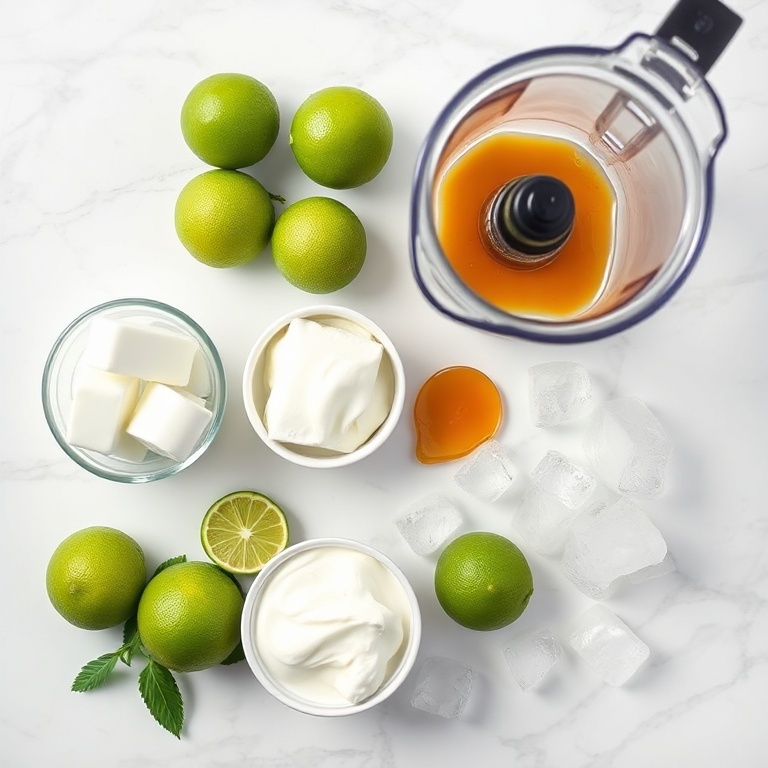 Blender with coconut milk, frozen limes, Greek yogurt, honey, and ice