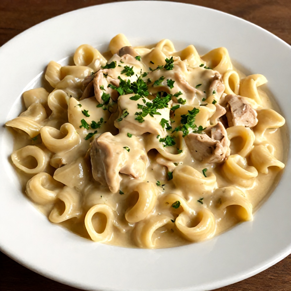 A perfect plated serving of Crockpot Chicken Tortellini on a white plate, garnished with fresh parsley, with warm side lighting highlighting the creamy sauce and tender chicken.