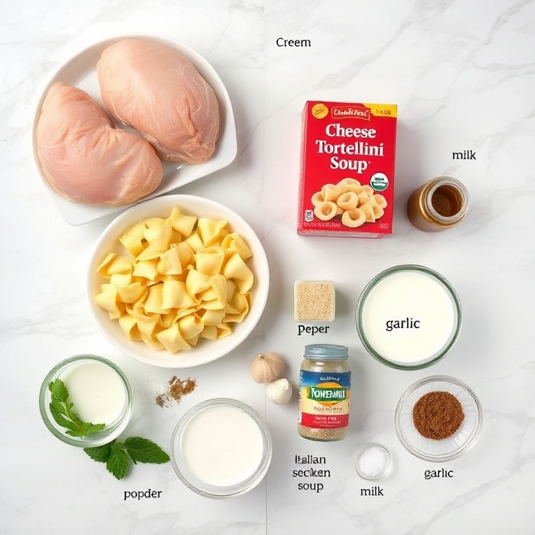 An overhead flat lay of raw ingredients for Crockpot Chicken Tortellini, including chicken breasts, tortellini, cream of chicken soup, and garlic, arranged on a white marble surface with bright even light.