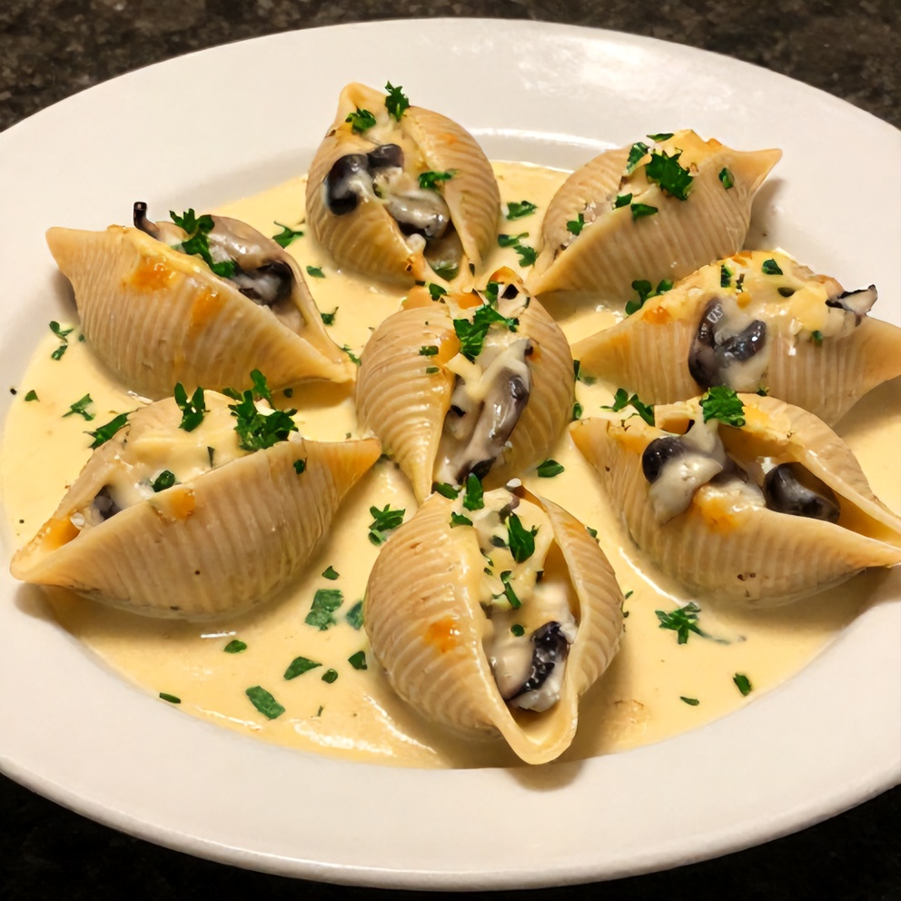 Plated creamy garlic mushroom stuffed shells
