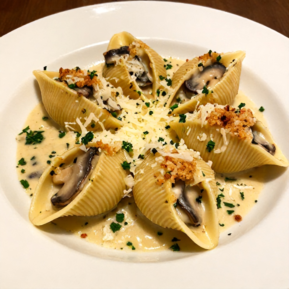 Plated Creamy Garlic Mushroom Stuffed Shells with parsley garnish