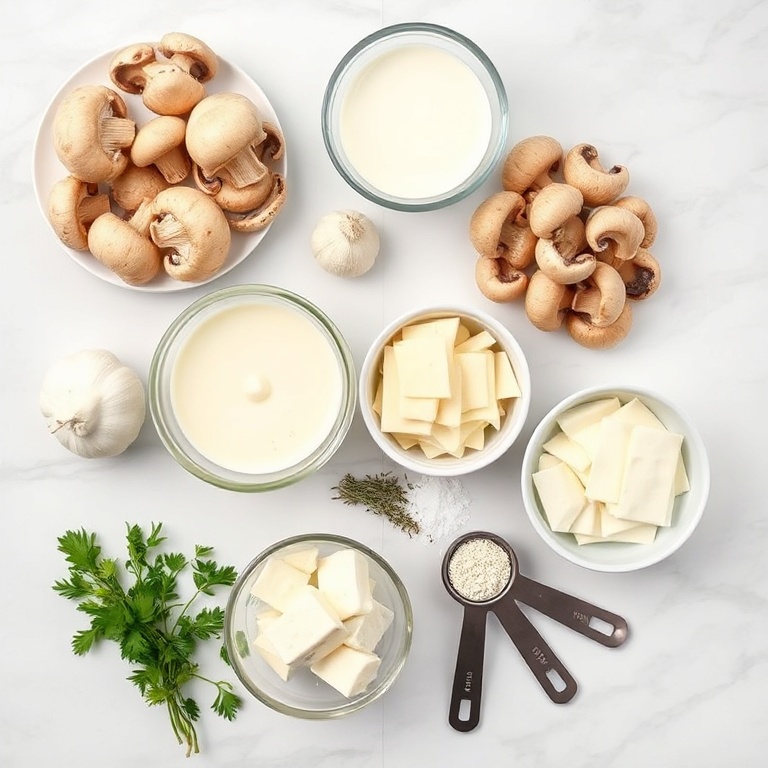 Raw ingredients for creamy garlic mushroom stuffed shells