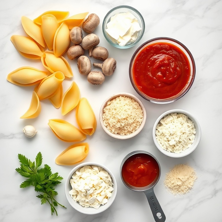 Raw ingredients for Creamy Garlic Mushroom Stuffed Shells