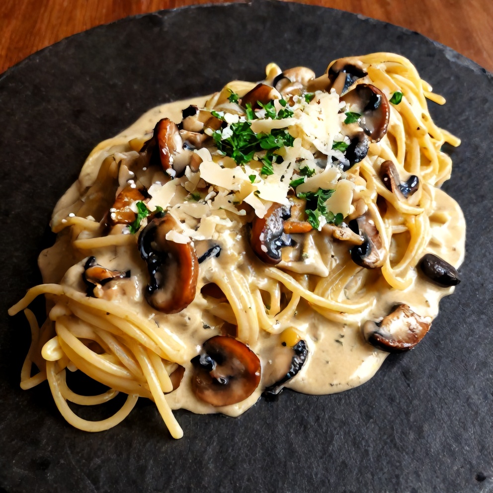 Plated Creamy Gorgonzola Truffle Mushroom Sauce Pasta