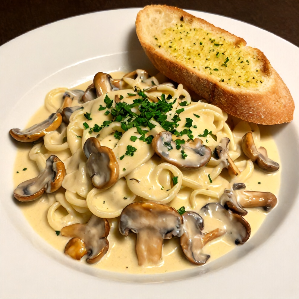 Plated Creamy Italian Mushroom Carbonara with parsley garnish