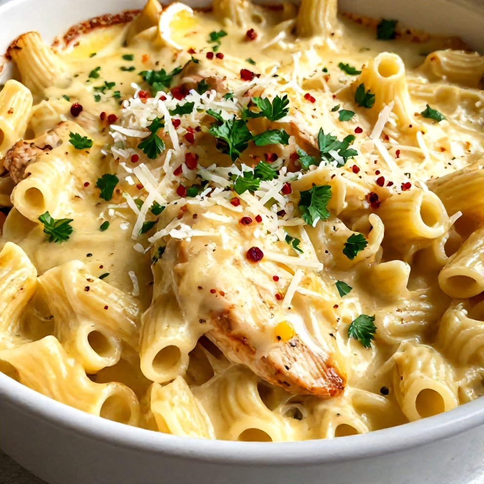 Plated Creamy Lemon Chicken Pasta Bake