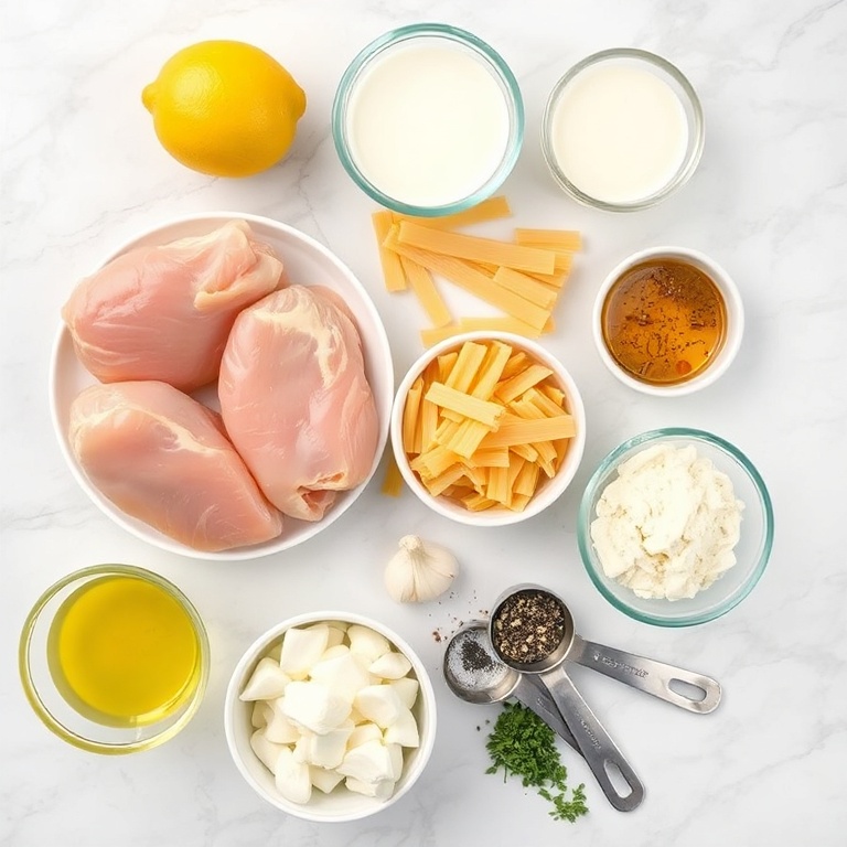 Raw Ingredients for Creamy Lemon Chicken Pasta Bake