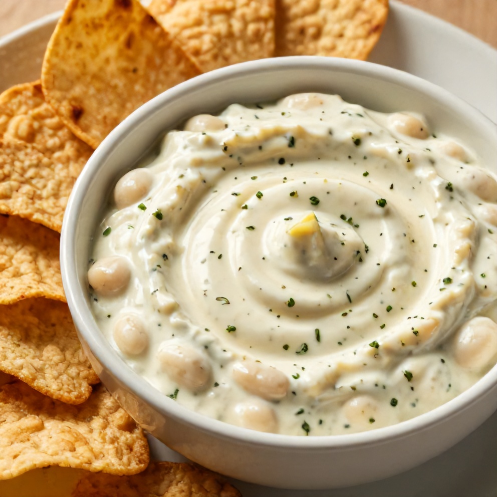Creamy Lemon Herb White Bean Dip served in a bowl with pita chips