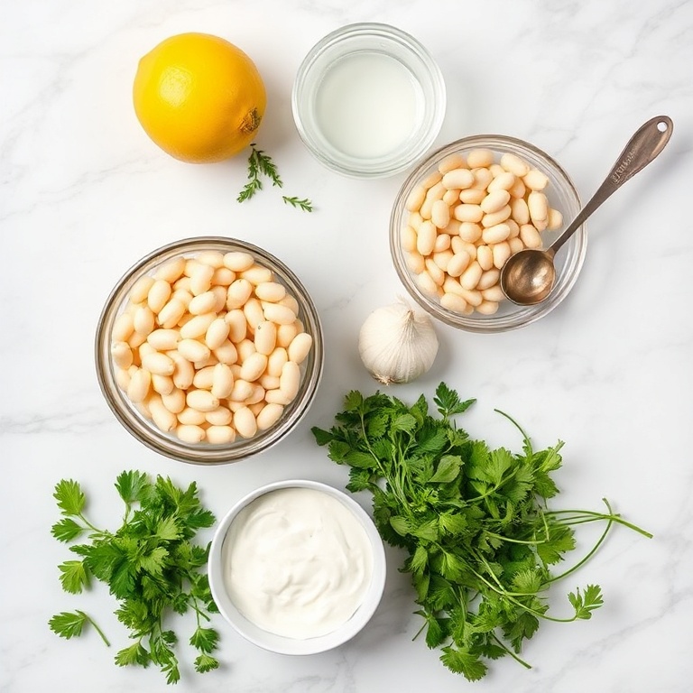 Raw ingredients for Creamy Lemon Herb White Bean Dip arranged on a white marble surface