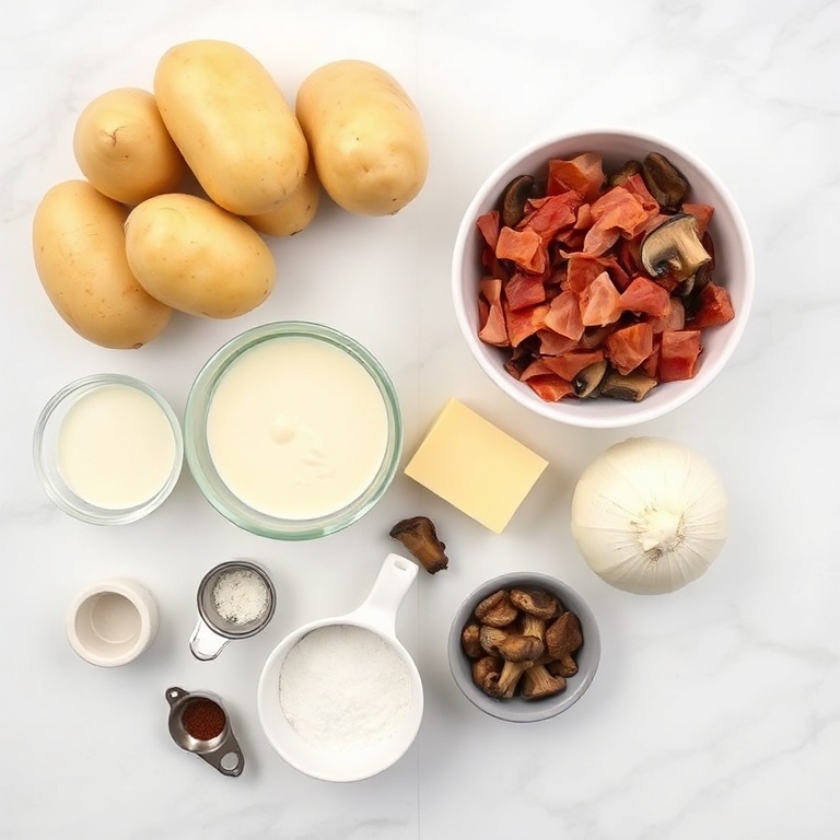 Raw ingredients for Pancetta and Porcini Potato Gratin