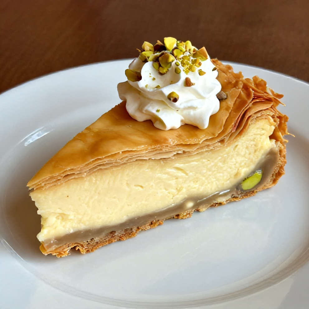 Sliced Pistachio Baklava Cheesecake on a dessert plate with a dollop of whipped cream