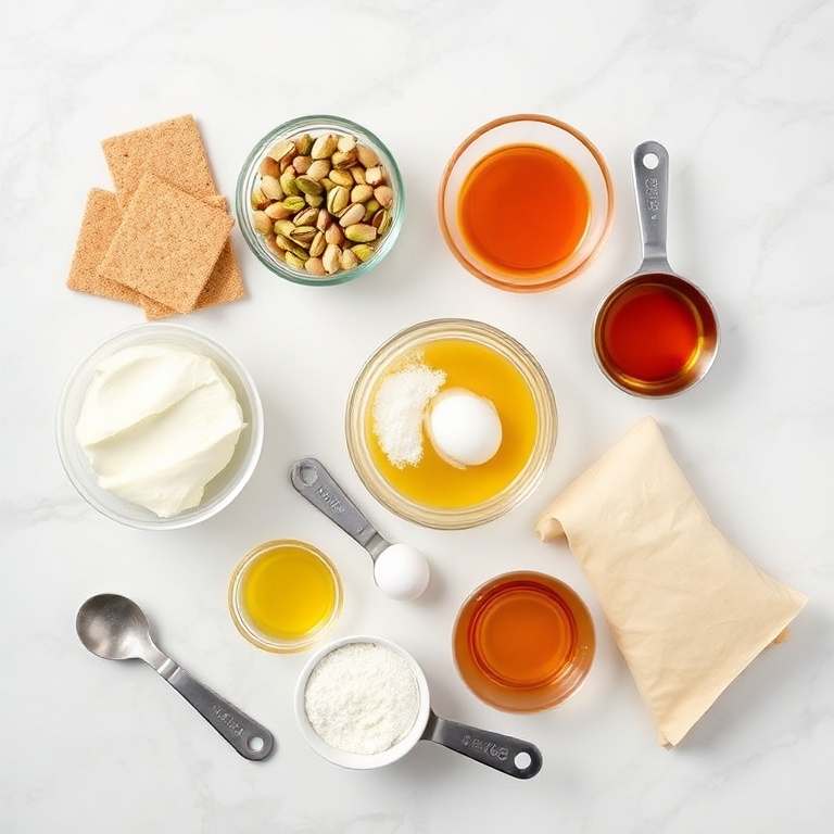 Raw ingredients for Pistachio Baklava Cheesecake: graham crackers, cream cheese, pistachios, honey, sugar, eggs, vanilla extract, phyllo dough