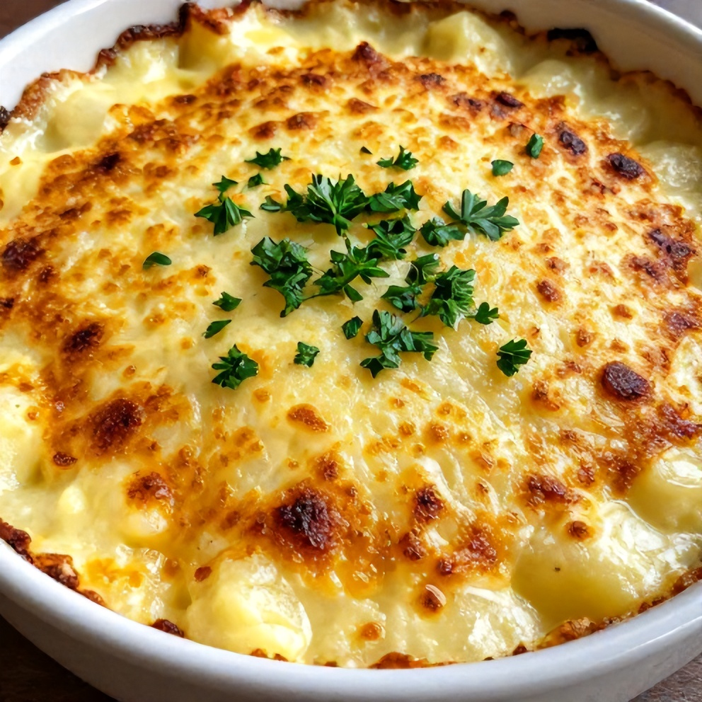 Plated serving of creamy potato gratin with fresh parsley garnish