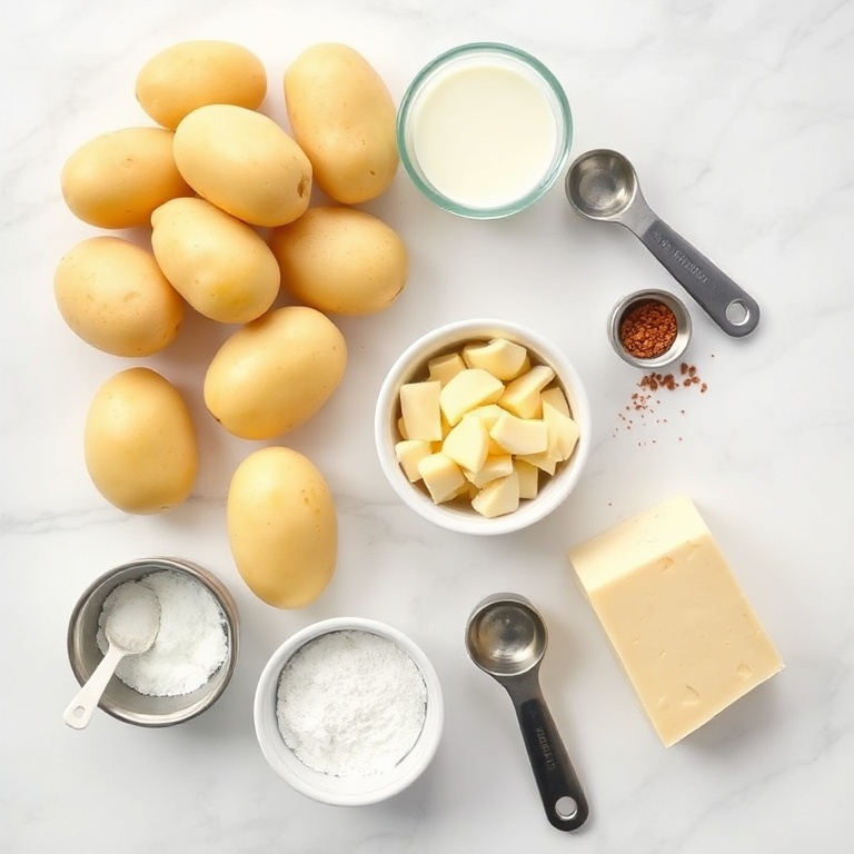 Raw ingredients for creamy potato gratin: potatoes, heavy cream, garlic, cheese, salt, pepper