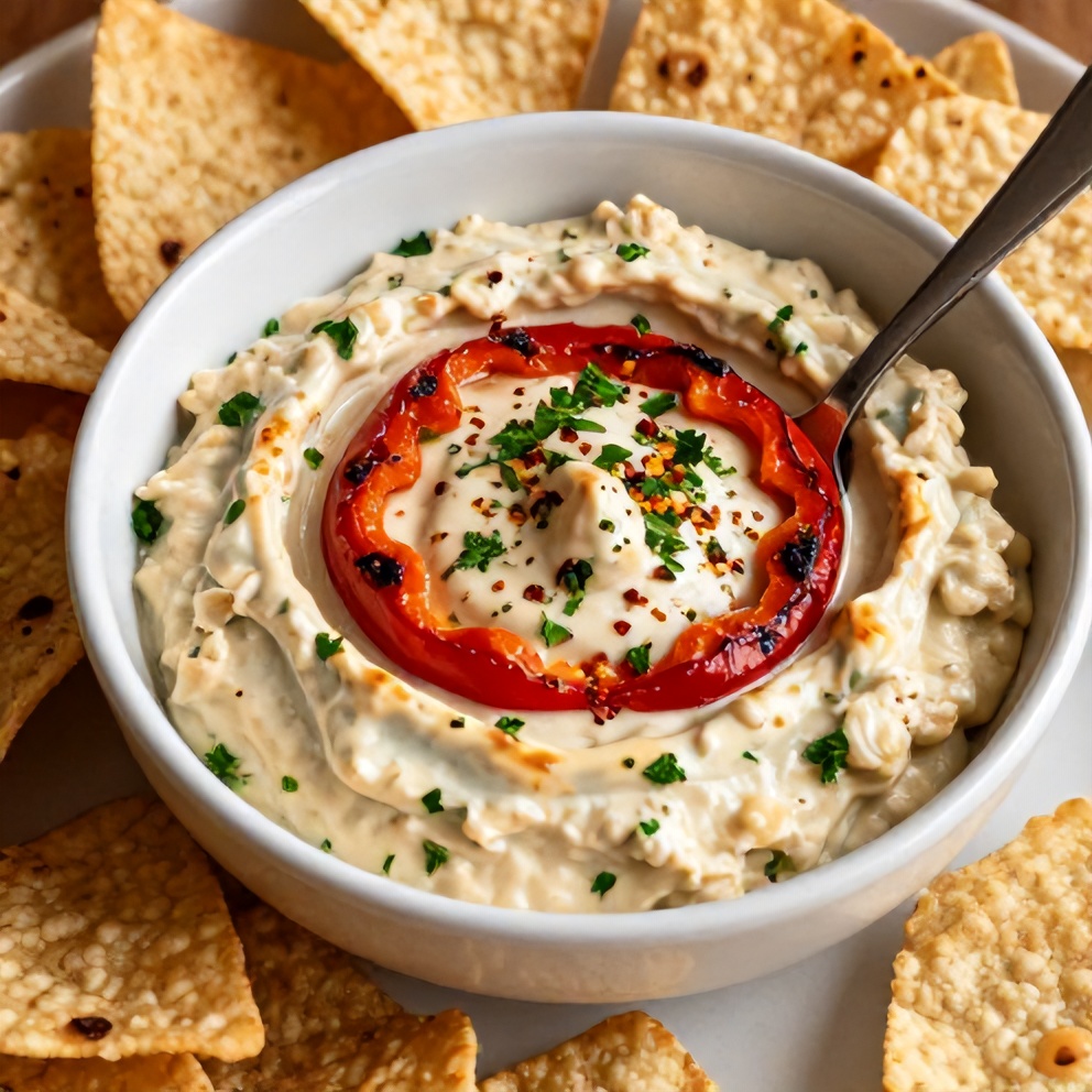 Creamy roasted red pepper and garlic dip served with pita chips