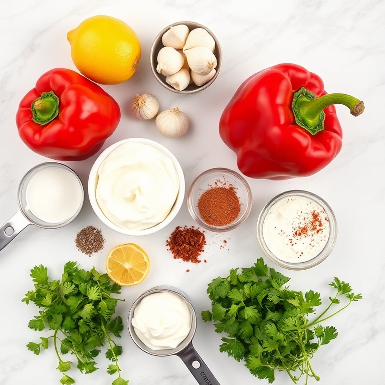 Ingredients for creamy roasted red pepper and garlic dip