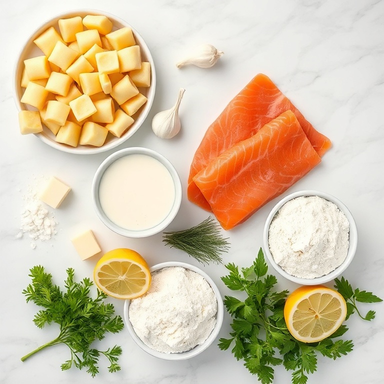 Raw ingredients for creamy smoked salmon gnocchi