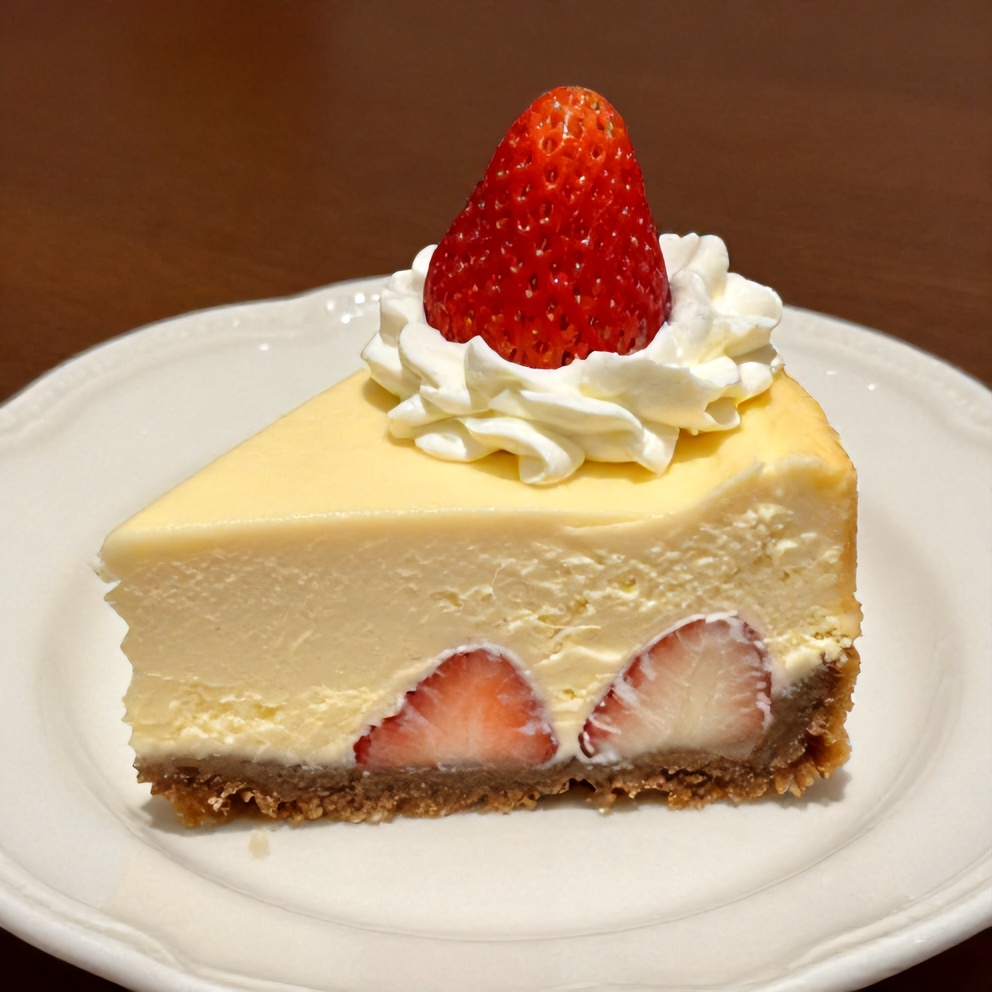 Sliced creamy strawberry swirl cheesecake on a white plate