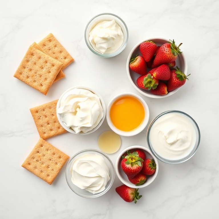 Graham crackers, cream cheese, sugar, eggs, heavy cream, strawberries, cornstarch, lemon juice